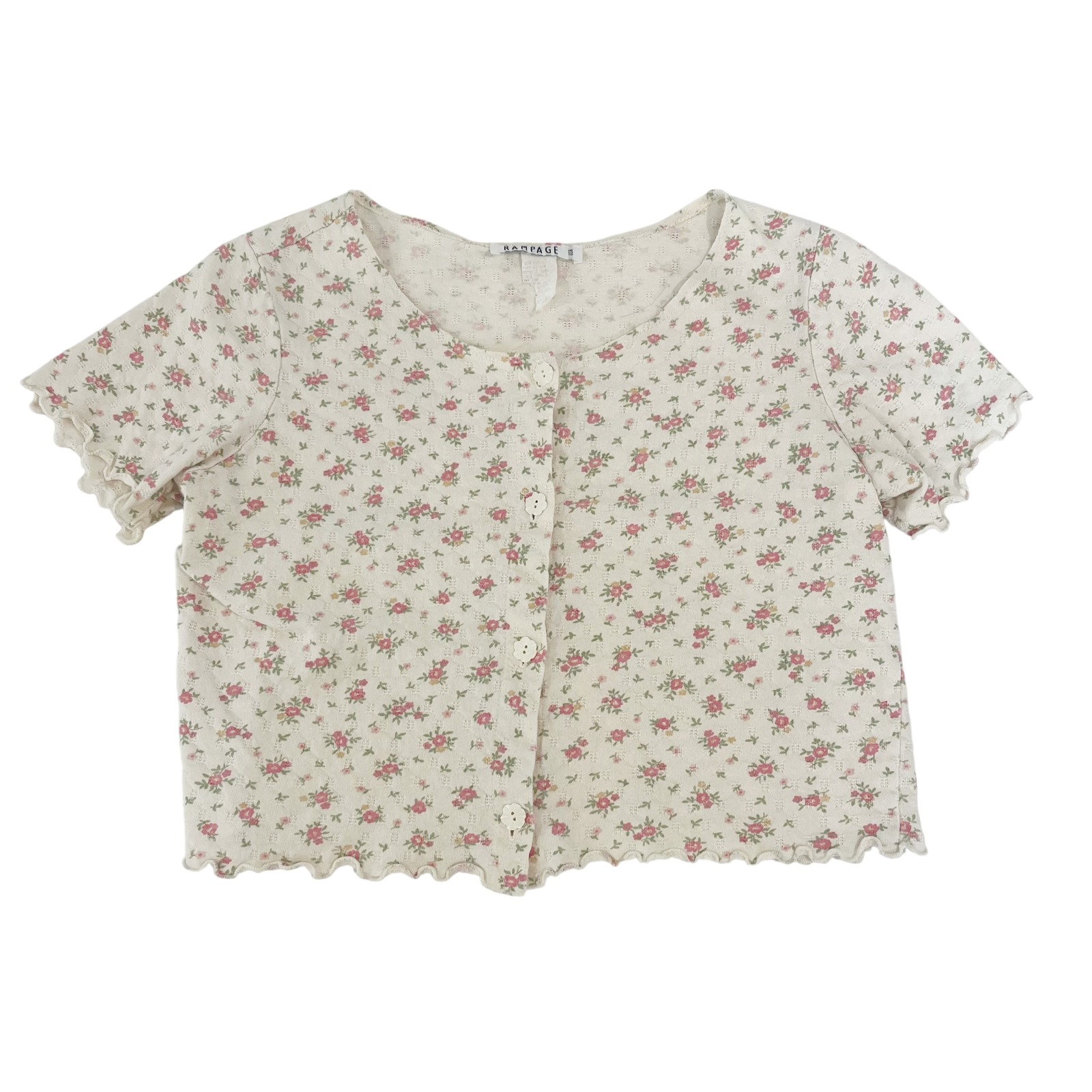 Vintage 90s Rampage Floral Pointelle Crop Top Lettuce Hem Flower Buttons Small